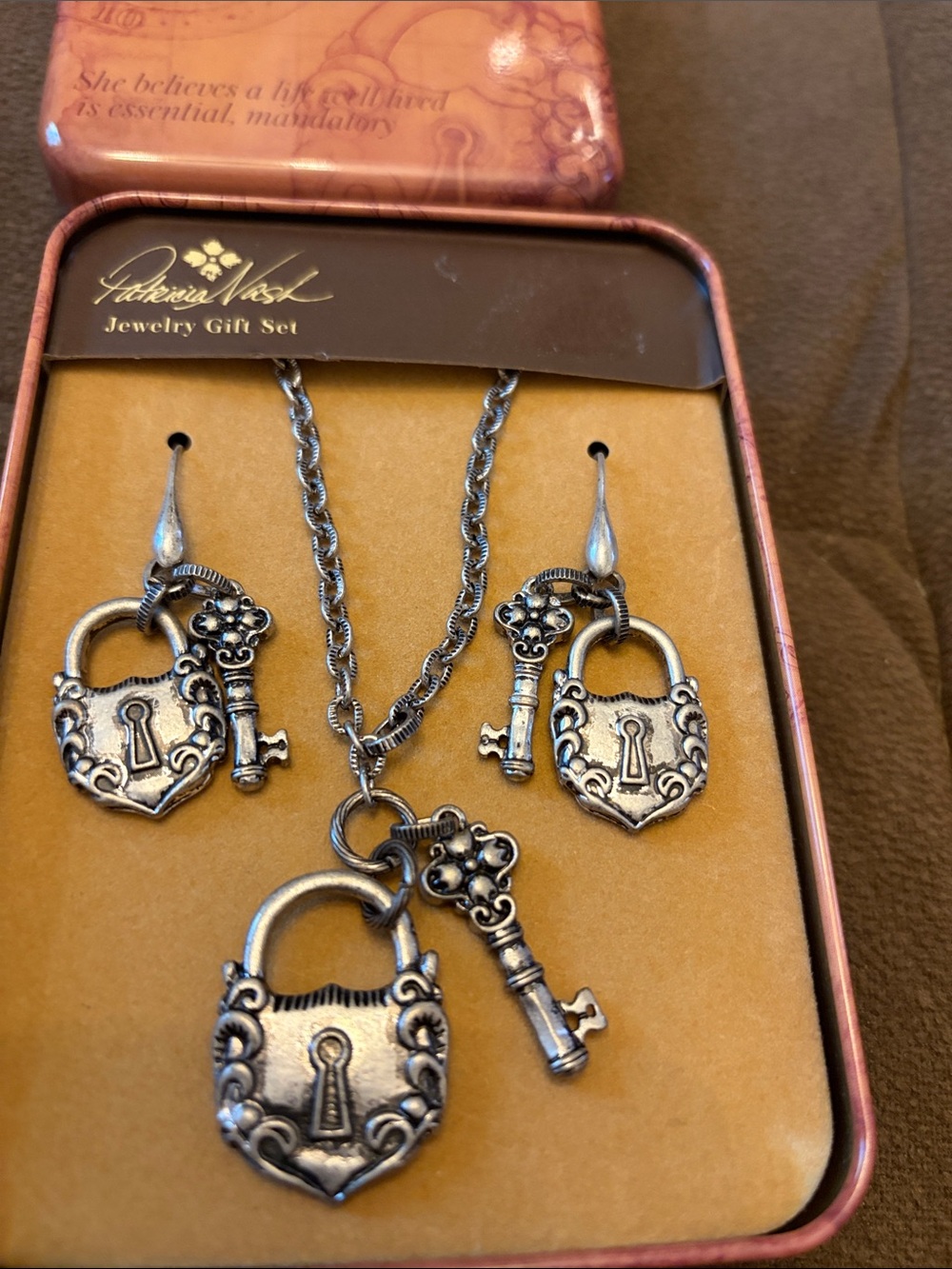 Patricia Nash Silver-Tone Padlock & Key Necklace and Earring Set 30 inch L - Picture 5 of 8